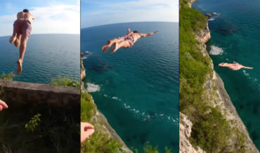 Crazy Cliff Diver Launches Off Ocean Balcony, Followed By Friend Filming