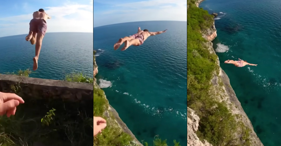 Crazy Cliff Diver Launches Off Ocean Balcony, Followed By Friend Filming