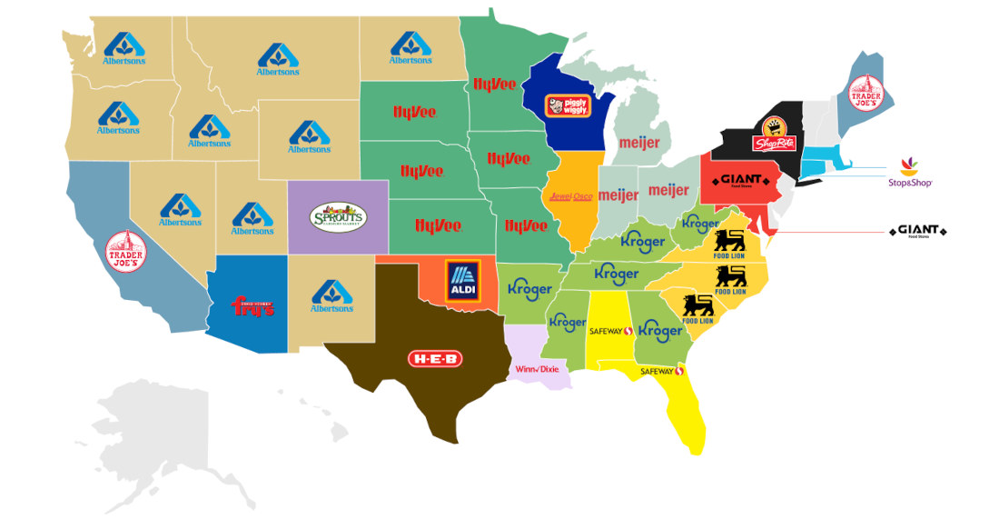 A US Map Of The Most Popular Grocery Store Chain In Each State