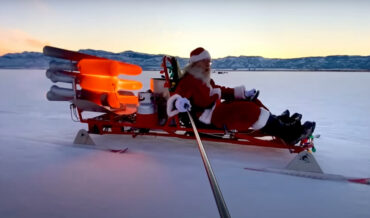 Santa Riding His Rocket Sleigh At The North Pole