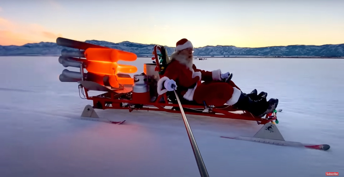 Santa Riding His Rocket Sleigh At The North Pole