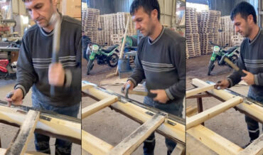 Pro Nailer Demonstrates His Skills While Constructing Wooden Frame