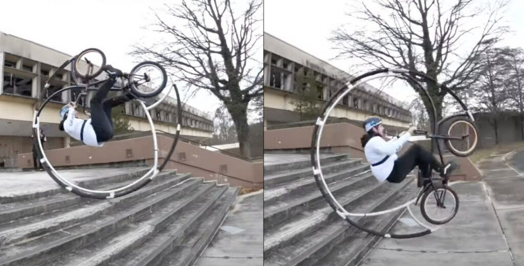Front-Flipping A Roller Coaster Bike Down The Stairs