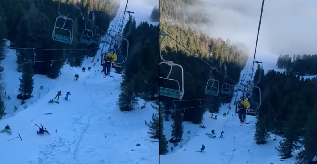 Snowboarder Riding T-Bar Falls Off, Takes Out Others Like Bowling Pins