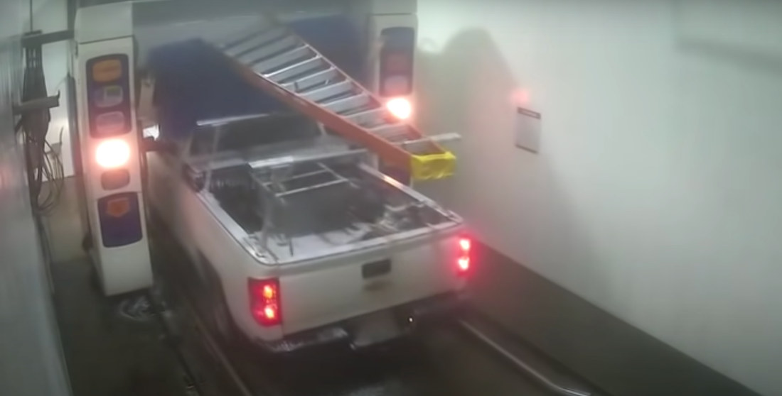 Ladder On Top Of Truck Gets Eaten In Automatic Carwash