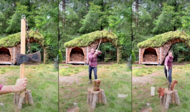 Man Chopping Wood With A Chain Flail Axe