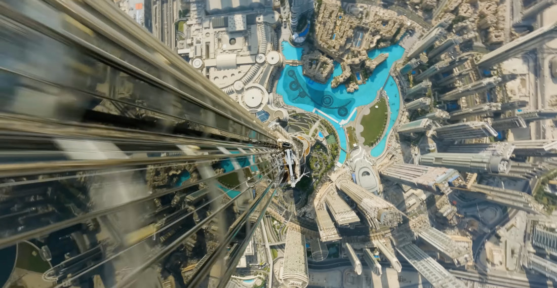 Drone Video Flying Straight Down The Exterior Of The Burj Khalifa In Dubai