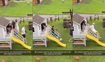 Guys Climb Out Of Kid’s Clubhouse Like Clown Car After Drinking Party