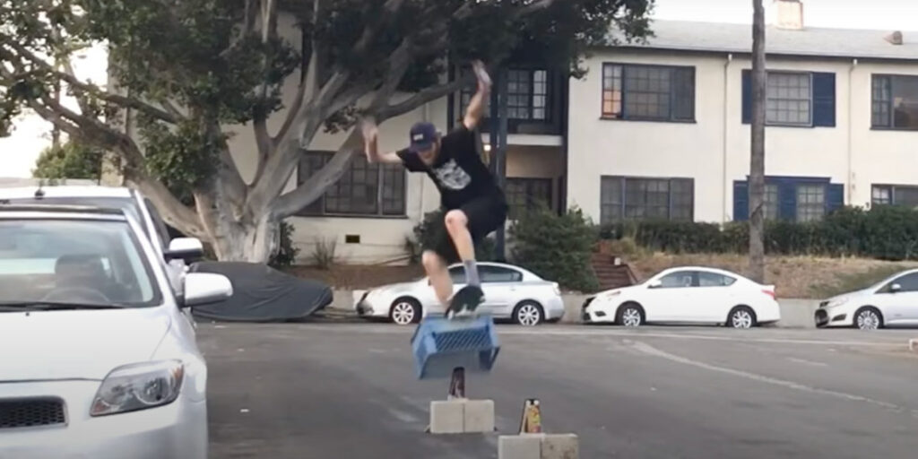 Skateboarder Hops Board Onto Milk Crate, Ollies The Whole Thing