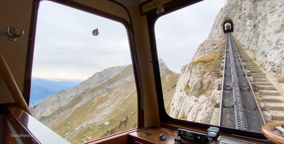 First Person POV Of Ride Up Swiss Alps Cogwheel Train