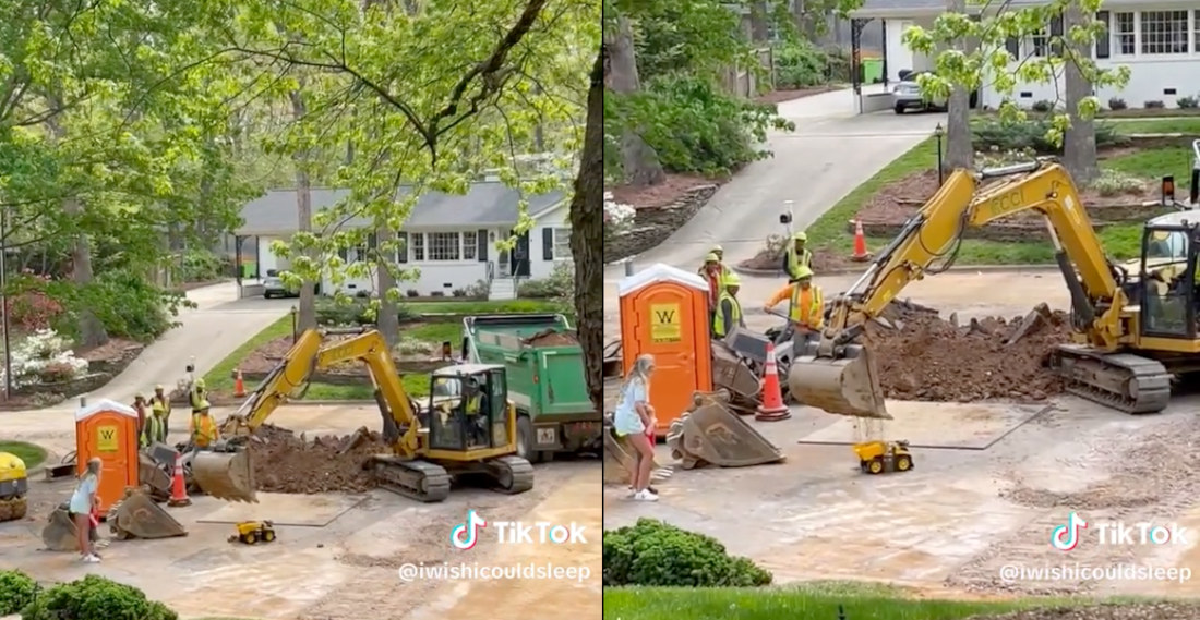 Excavator Operator Fills Toy Dump Truck For Boy While Working In Yard