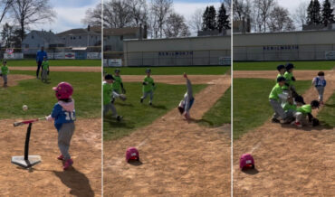 Little Girl Playing T-Ball Performs Cartwheel On Way To First Base