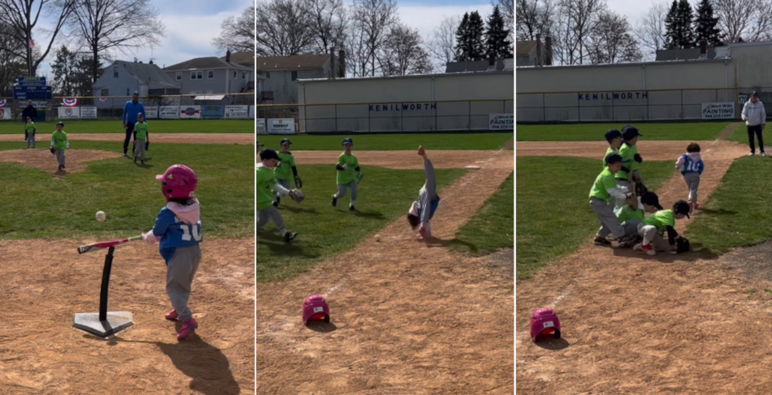 Little Girl Playing T-Ball Performs Cartwheel On Way To First Base