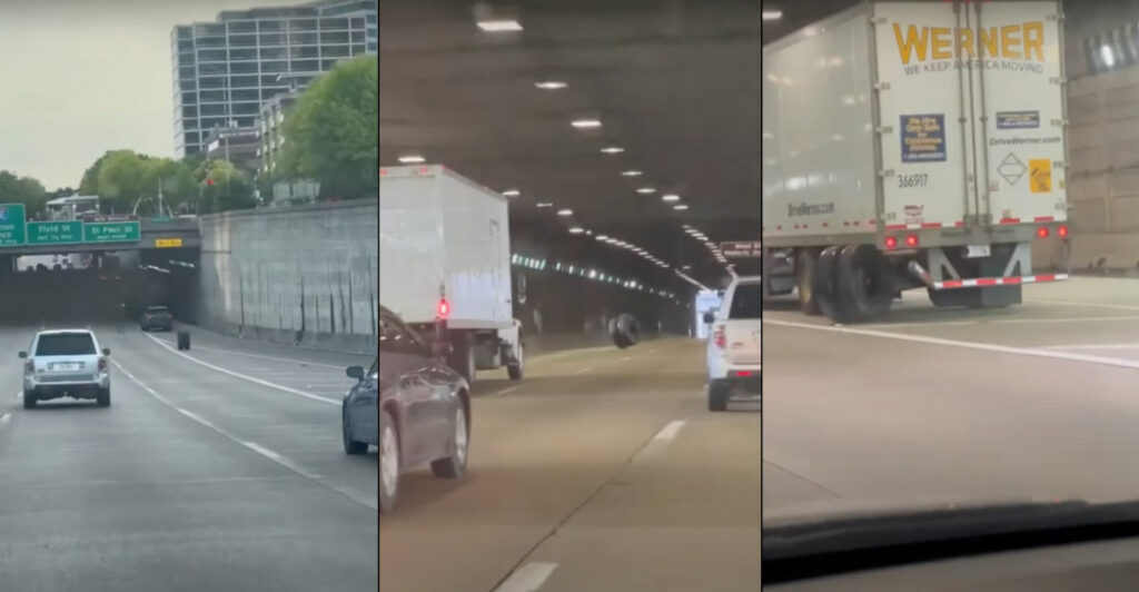 Loose Tire Bounces Down Highway, Ends Up Stuck Under Truck Right Where It Came Off