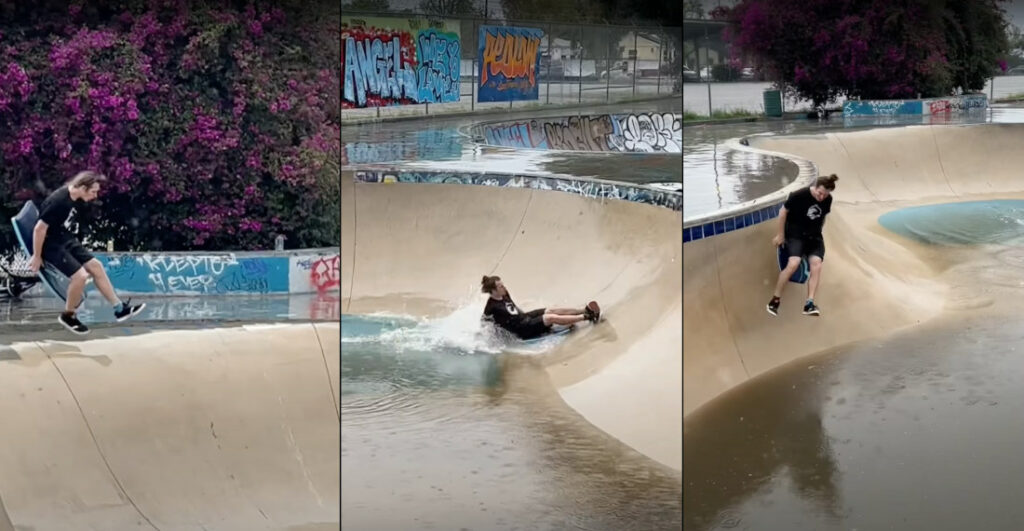 Guy On Boogie Board In Flooded Skatepark Pool: "I'm On X-Games Mode!"