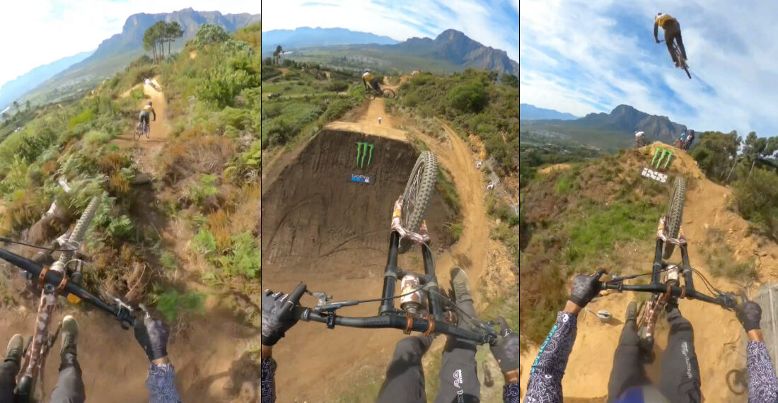 First Person POV Of A Jump Filled Extreme Downhill Bike Trial