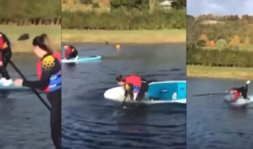 Paddleboarders Lose Balance, Fall Into The Drink
