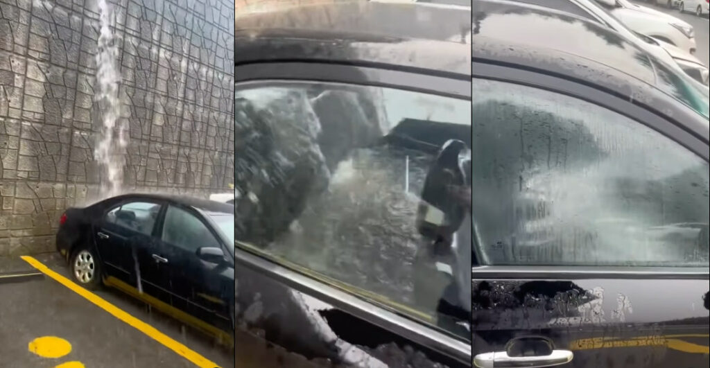 Water Draining From Above Breaks Car's Rear Window, Floods Interior