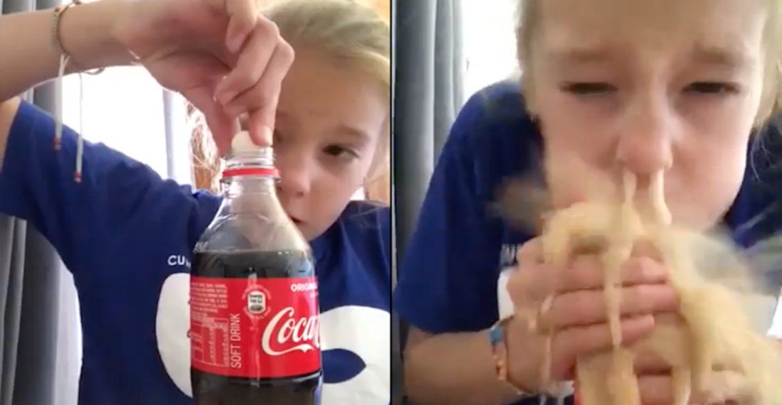 Girl Attempts To Drink A Coke + Mentos Volcano