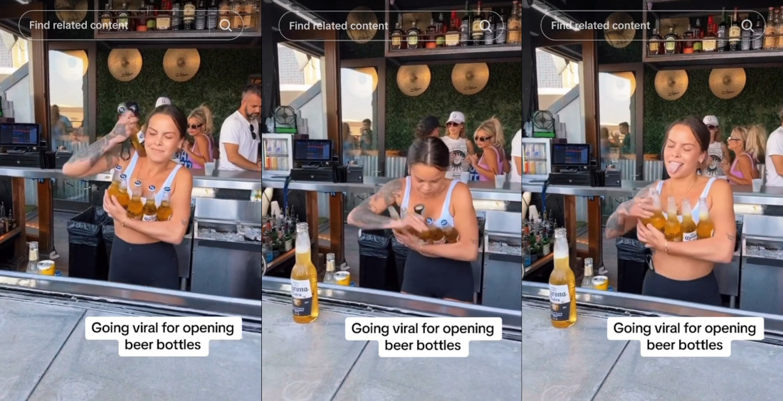 Bartender Demonstrates Her Skill By Opening 5 Bottles In 1 Second