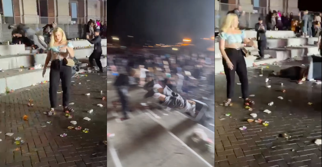 Woman Dancing While Man Extreme Dumpster Dives Behind Her
