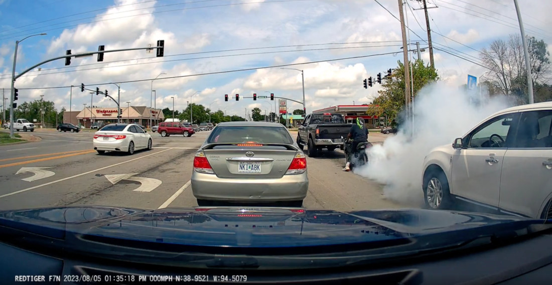 Biker Performs Burnouts At Stoplight, Gets A Flat Just Moments Later