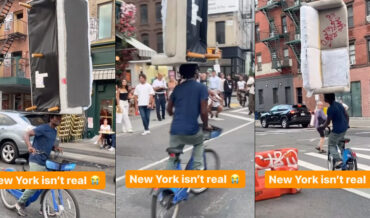 Man Balances Sofa On Head While Riding Bicycle
