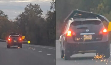 Car Dragging Massive Road Sign Down The Highway