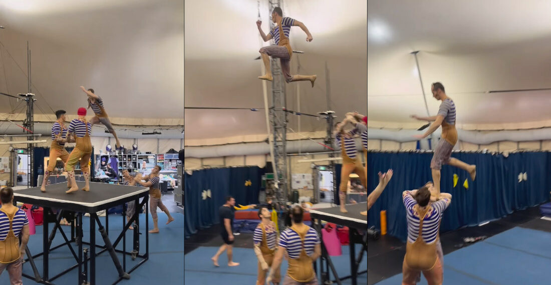 Cirque du Soleil Performers Practice Launching Each Other Backstage