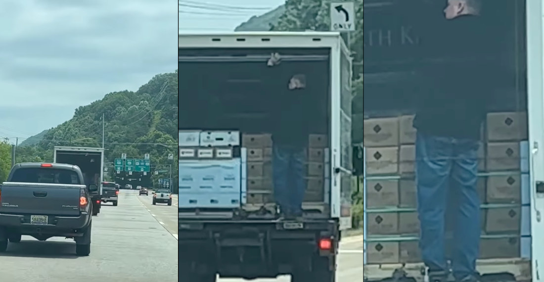 Guys Realize Man They Think Is Hanging On The Back Of Box Truck Is Just A Graphic