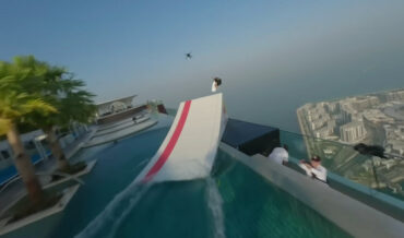 Drone-Towed Wakeboarder Launches Off Ramp In Dubai Rooftop Pool For BASE Jump
