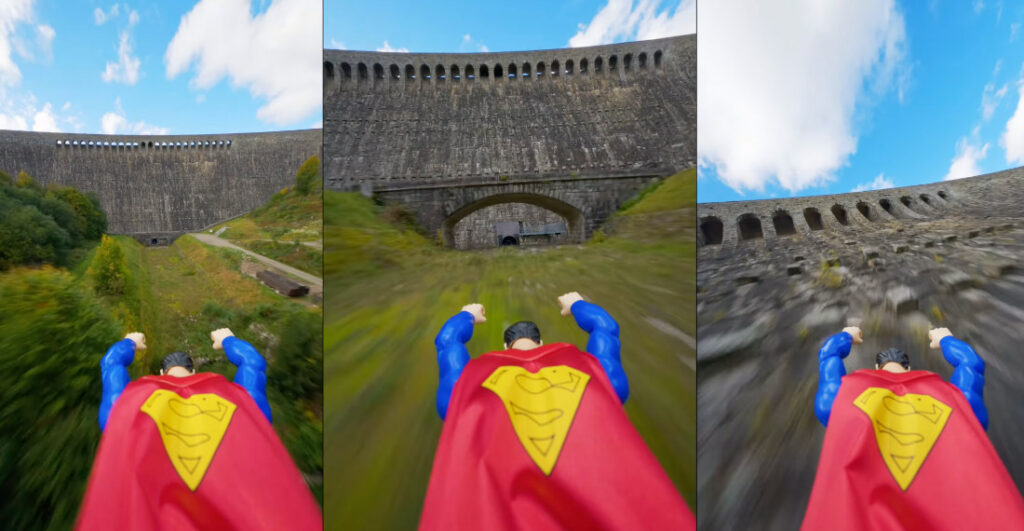 Ride Atop Superman's Back For Flight Up Dam, Along Train Tracks