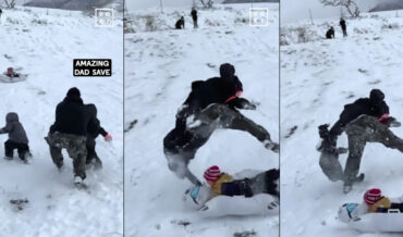 Dad Makes Incredible Leaping Save Of 2 Kids From Snow Sled