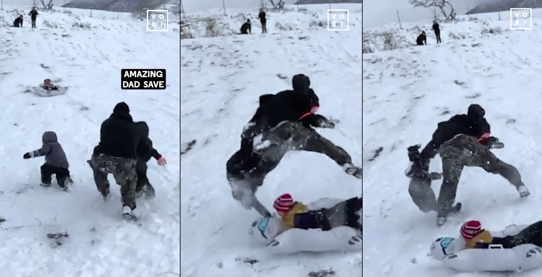 Dad Makes Incredible Leaping Save Of 2 Kids From Snow Sled