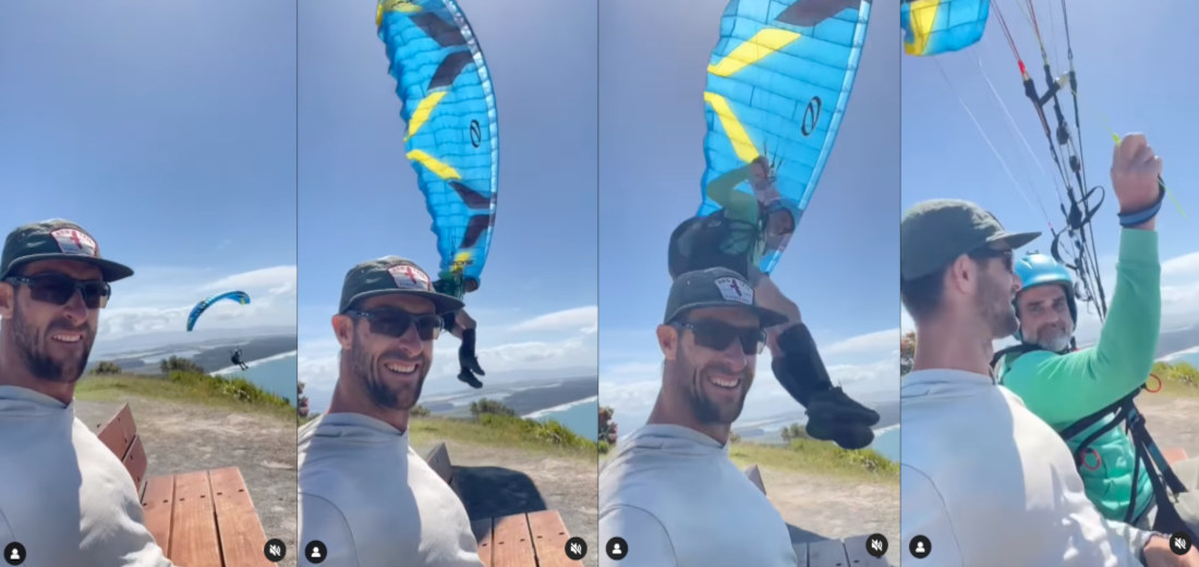 Paraglider Makes Insanely Impressive Landing Next To Friend Waiting On Bench
