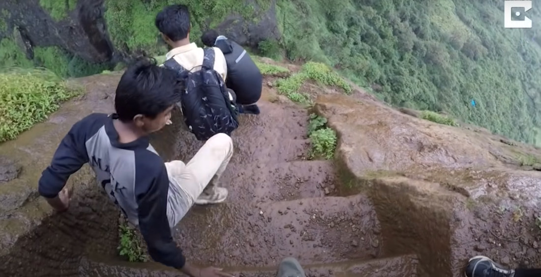 First Person POV Trip Down Insanely Steep Mountain Stairs In India
