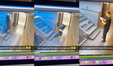 Security Cam Captures Man Falling Down Stairs, Accidentally Pulling Fire Alarm