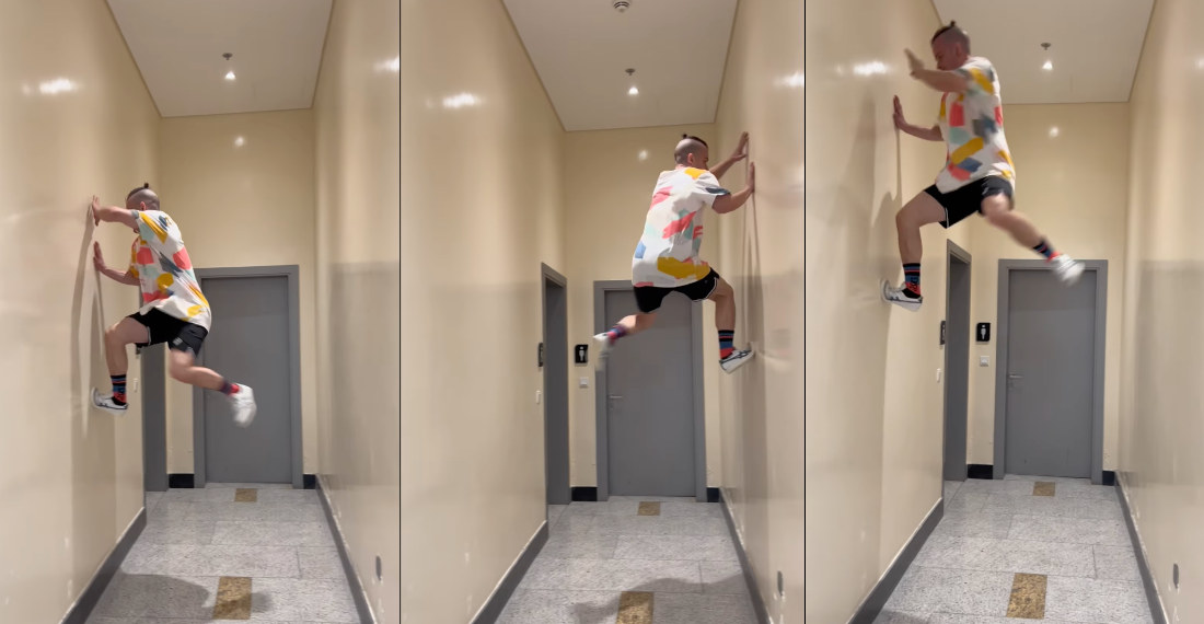 ‘Human Elevator’ Smoothly Jump-Climbs Up And Down Two Walls