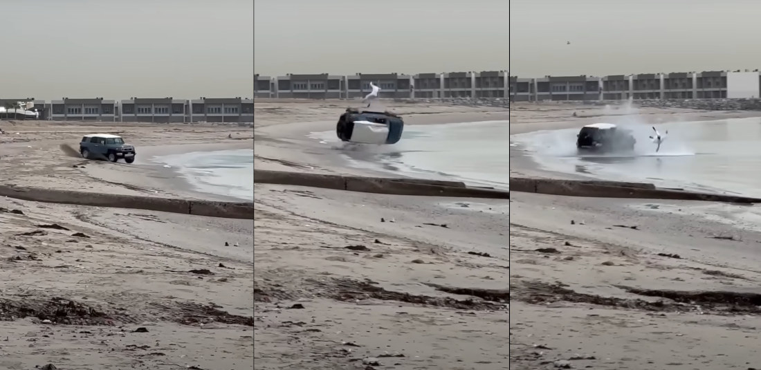 Dude Rolls SUV On Beach, Gets Launched Out Door Like Ejection Seat