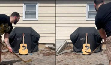 Man Hits Ball At Guitar With Hockey Stick To Play Classic Rock Song Intros