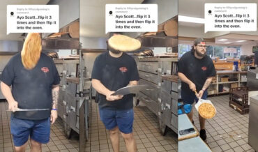 Pizza Chef Flips Pizza 3 Times In A Row, Then Flips Into Oven