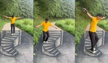 3D Optical Illusion Stairs Drawn On Bike Trail