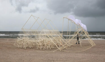Four Strandbeests Walk Down Beach Together