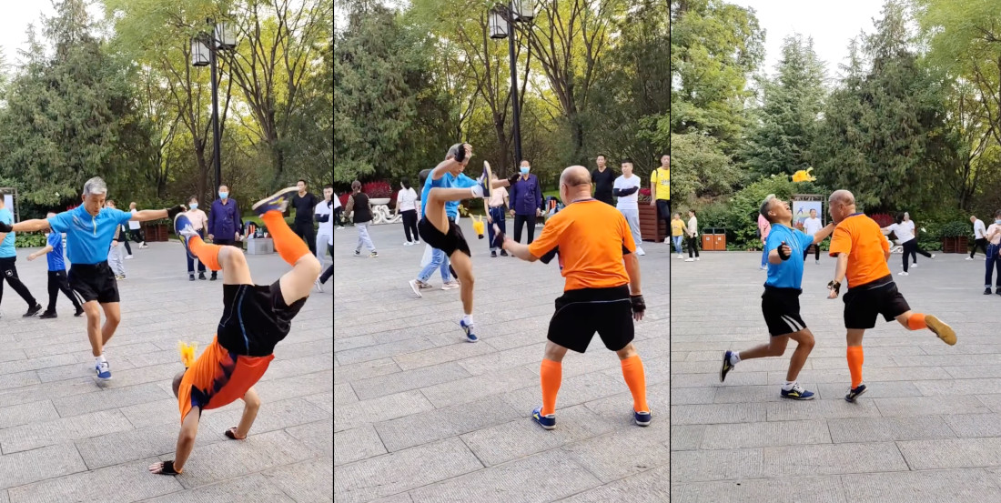 Two Elderly Men Demonstrate Their Jianzi (Chinese Hacky Sack) Skills
