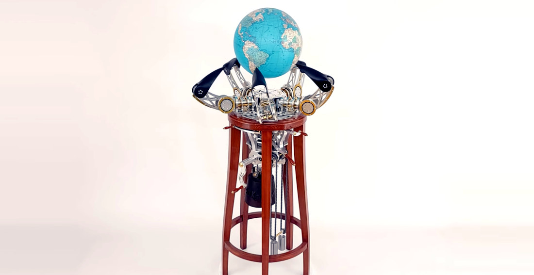 Automaton Delicately Spins Globe In Its Five Talons