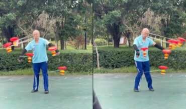 Man Dances While Spinning 6 Diabolo Tops Around His Face & Body