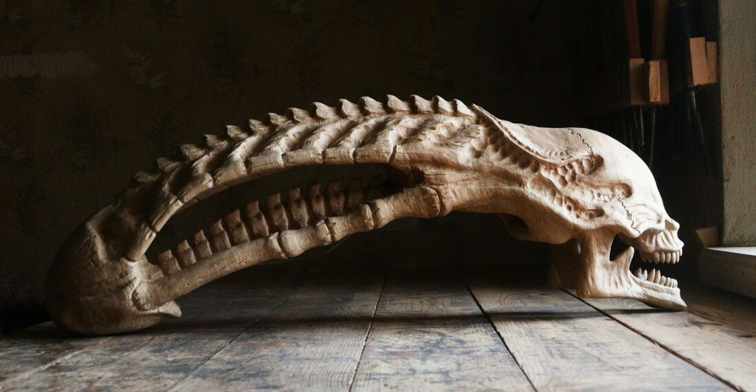 Carving a Life-Size Xenomorph Alien Skull Out Of Oak