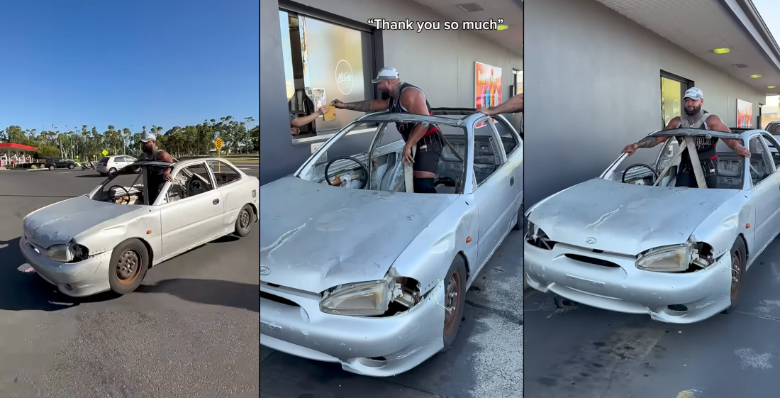Strongman Carries Car Through Fast Food Drive-Thru